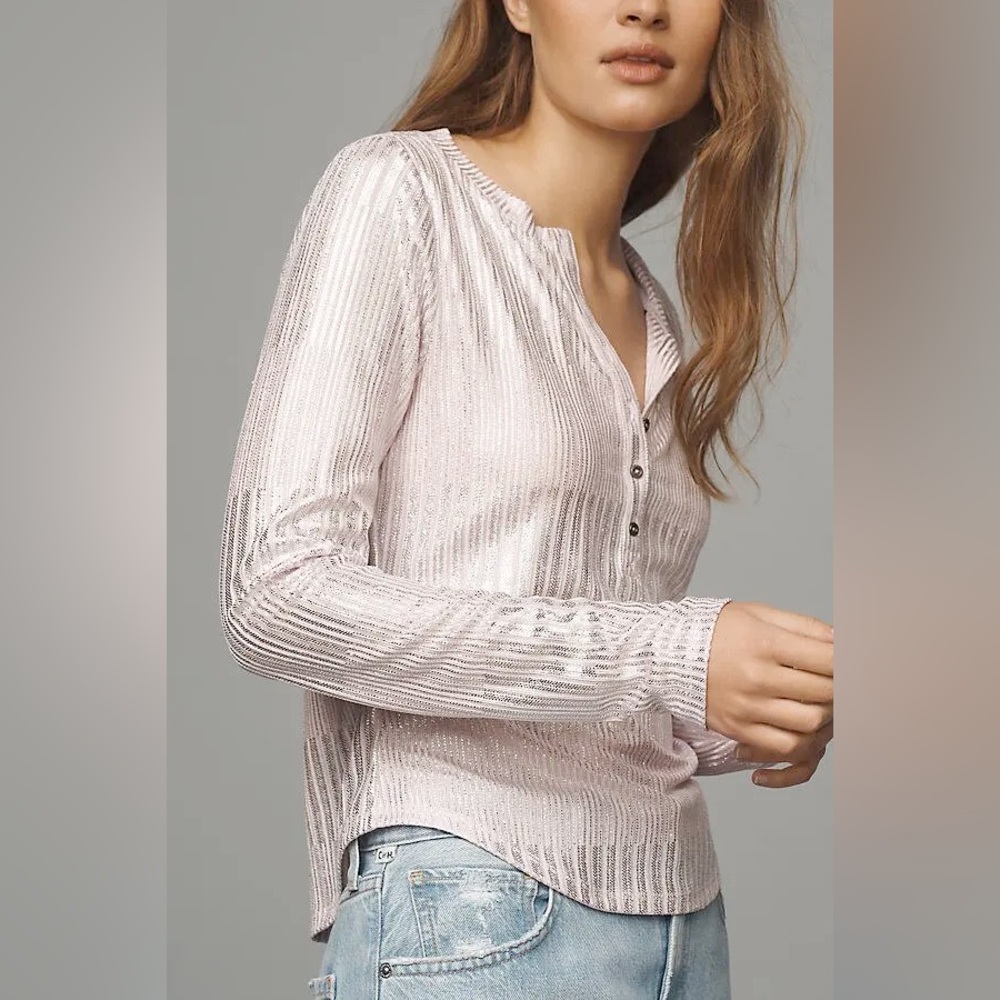 NWT Anthropologie Pilcro Andie Ribbed Henley Shimmer Long‎ Sleeve Top Lavender M